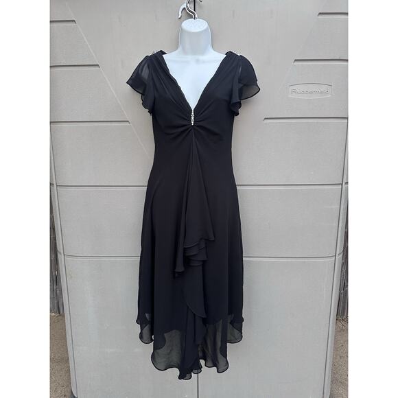 VTG'90s y2k Black Chiffon Draped Cocktail Slinky Midi Dress/Assimetrical Hem 6 - Picture 4 of 15